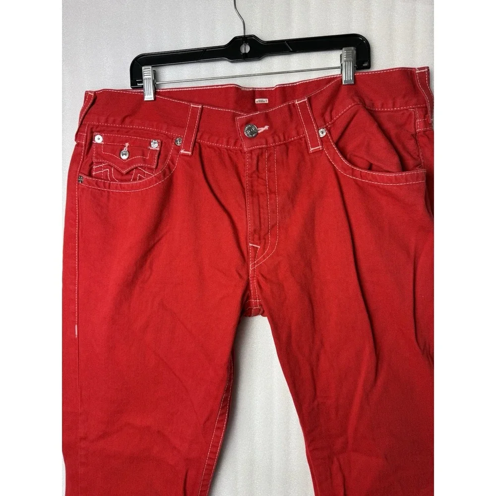 VTG Y2K True Religion Jeans Mens 40x34 Red Straight Flap Pocket Thick Stitch